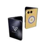 LuxEvil Charm gold iPhone Duo with a blue evil eye charm on its gold back plate