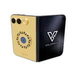Meandros Blessing Eye Gold iPhone Duo opened flat with a black Greek key medallion and blue eye