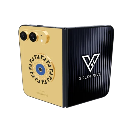 Meandros Blessing Eye Gold iPhone Duo opened flat with a black Greek key medallion and blue eye
