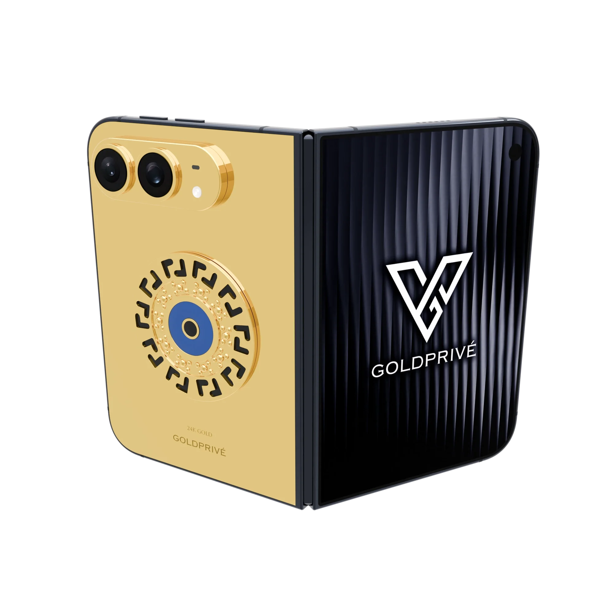 iPhone_Duo MBE.01 Meandros Blessing Eye Gold iPhone Duo opened flat with a black Greek key medallion and blue eye