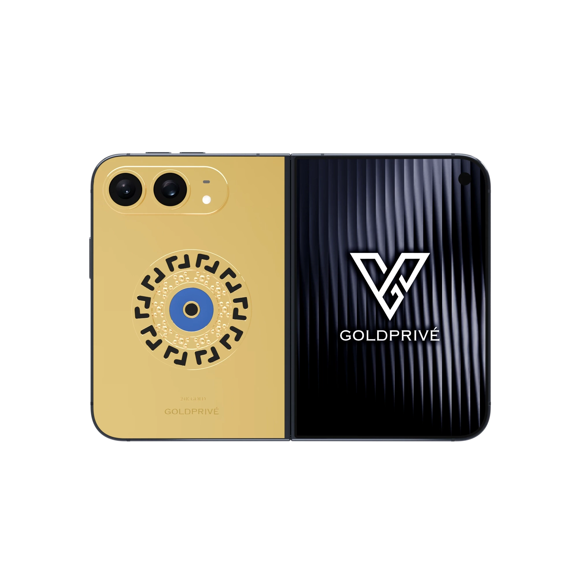 Meandros Blessing Eye Gold iPhone Duo opened flat with a black Greek key medallion and blue eye