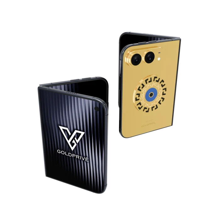 Meandros Blessing Eye gold iPhone Duo with a blue evil eye and meander border