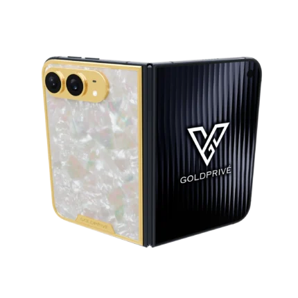 Majesty Gold iPhone Duo opened flat with an iridescent mother of pearl back panel framed in gold