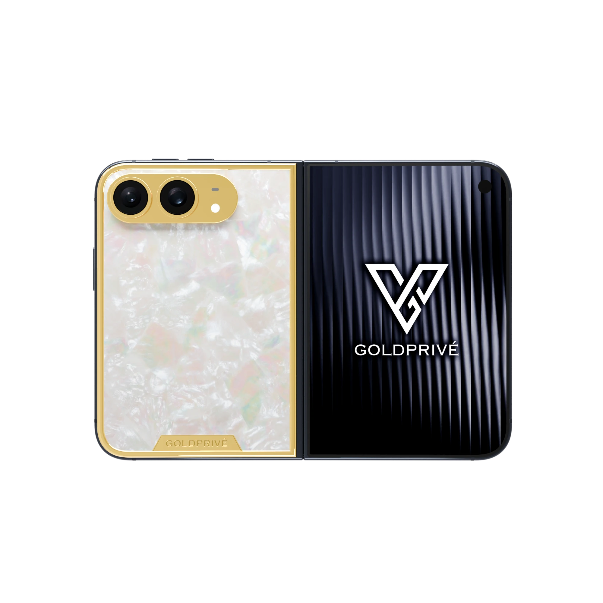 Majesty Gold iPhone Duo opened flat with an iridescent mother of pearl back panel framed in gold