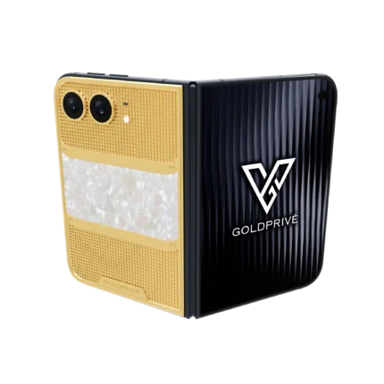 Majesty Victory Gold iPhone Duo opened flat with a mother of pearl band between grid-textured gold