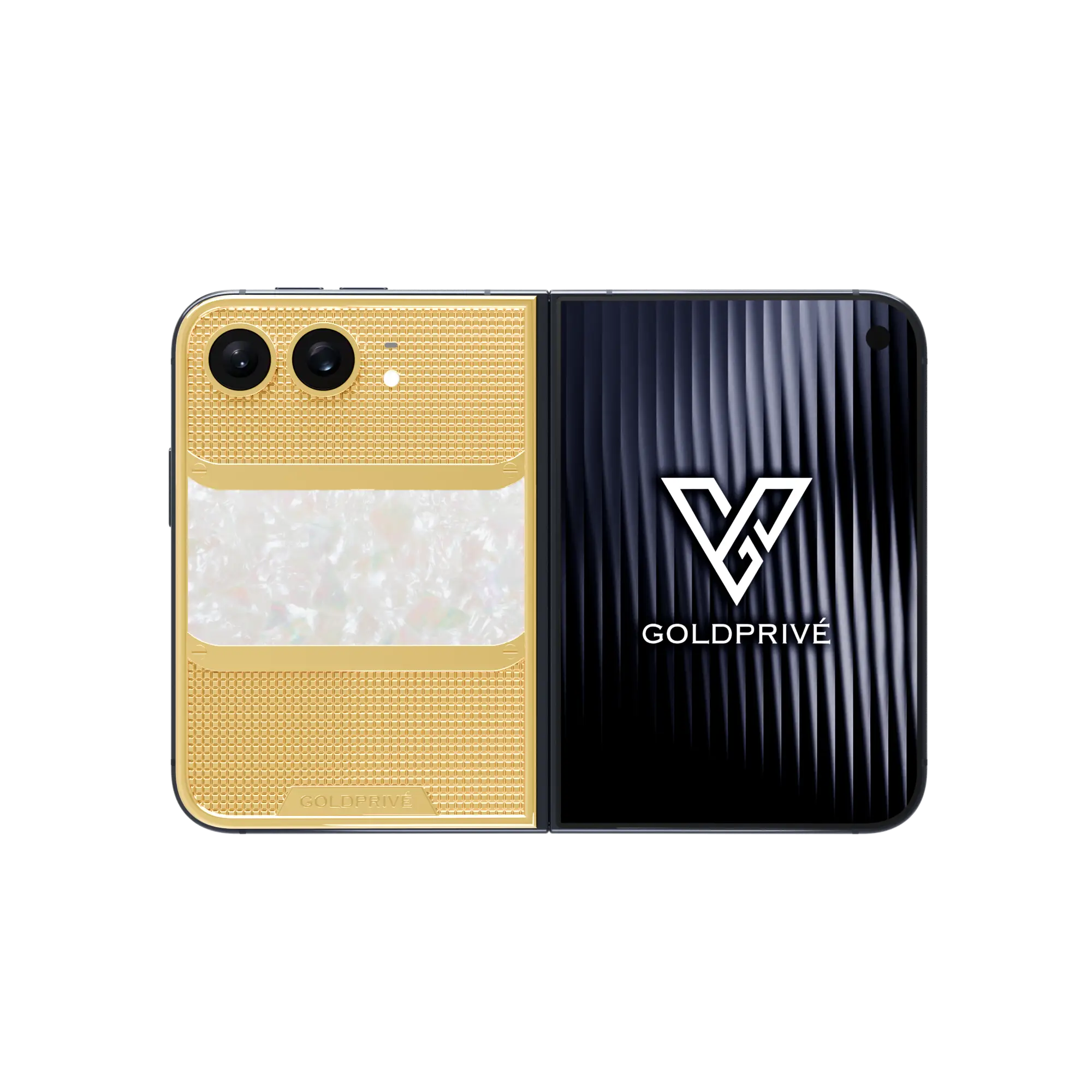 Majesty Victory Gold iPhone Duo opened flat with a mother of pearl band between grid-textured gold