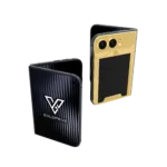 CarbonFiber Noble gold iPhone Duo with a gold camera surround and black carbon fibre back plate
