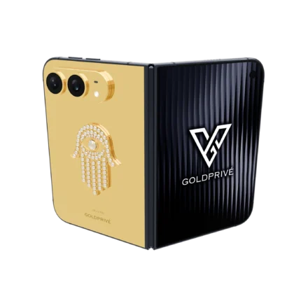 Seraphic Hamsa Blessing Gold iPhone Duo opened flat with an all-white stone-set 18K gold hamsa