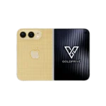 Supernova Gold iPhone Duo opened flat, its diamond-set gold back plate beside the outer display
