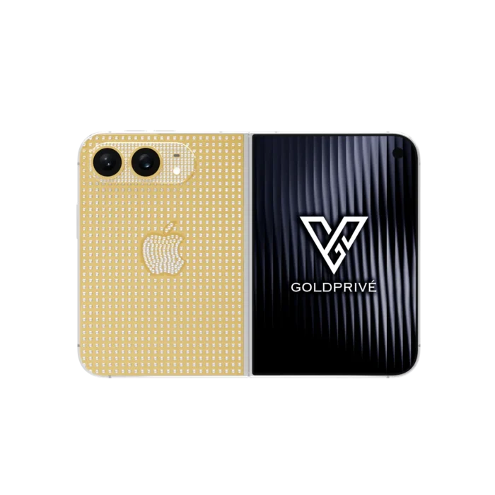 Supernova Gold iPhone Duo opened flat, its diamond-set gold back plate beside the outer display