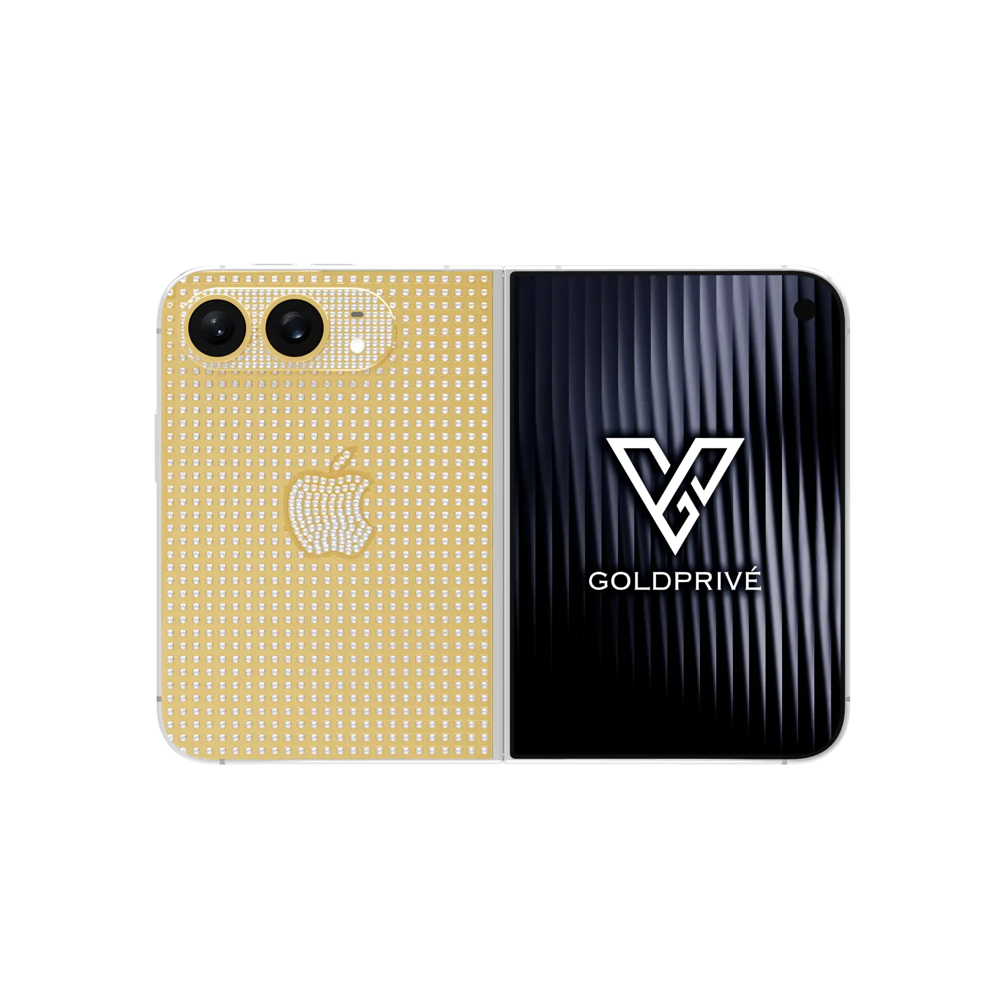 Supernova Gold iPhone Duo opened flat with rows of diamonds across the gold back plate and a pavé Apple logo