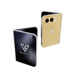 Two Supernova Gold iPhone Duo phones half-folded, showing the diamond back plate and the outer display