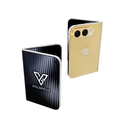 Two Supernova Gold iPhone Duo phones half-folded, showing the diamond back plate and the outer display