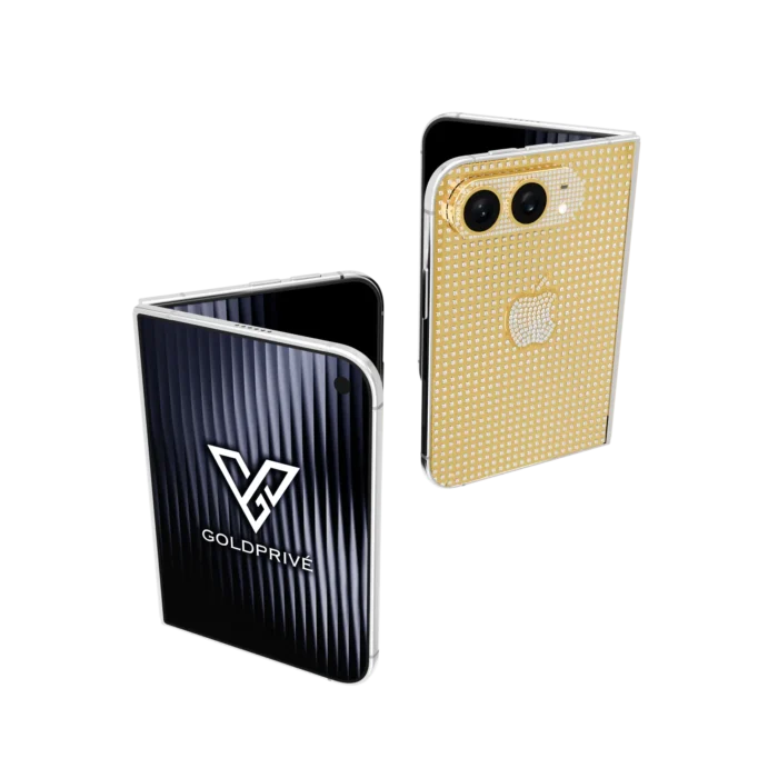 Two Supernova Gold iPhone Duo phones half-folded, showing the diamond back plate and the outer display