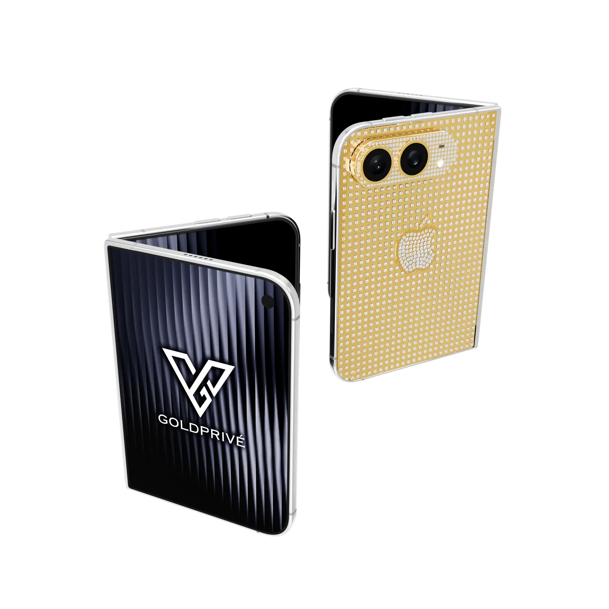 Two Supernova Gold iPhone Duo phones half-folded, one showing the diamond back plate, the other the original Apple frame and outer display