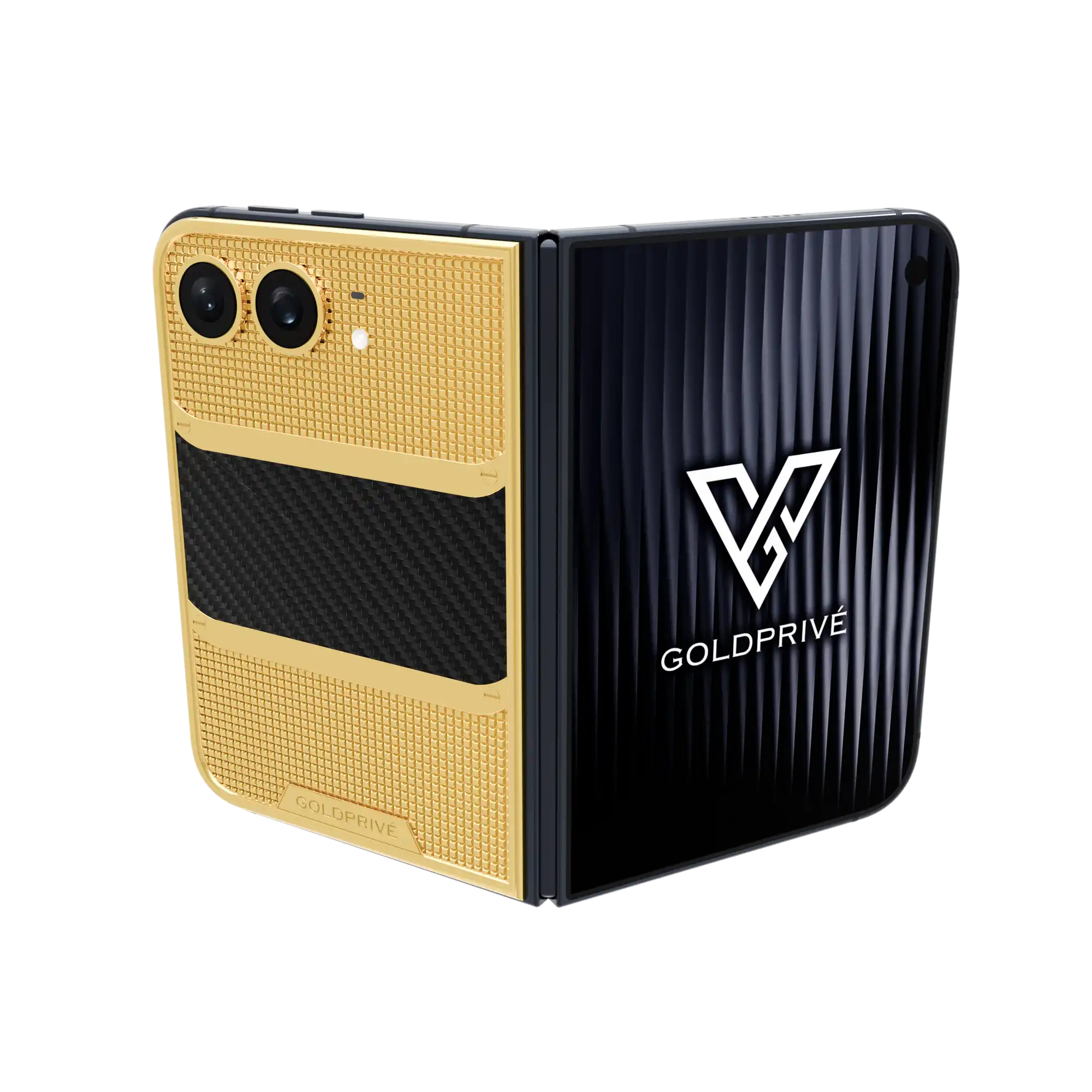CarbonFiber Victory Gold iPhone Duo foldable phone in 24K gold, rose gold and platinum
