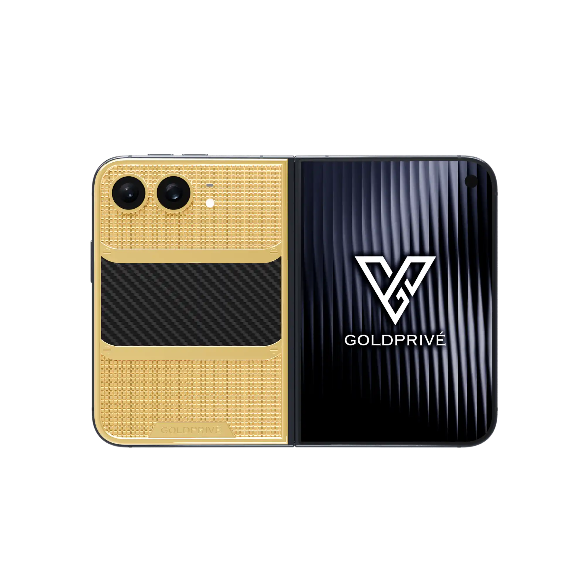 CarbonFiber Victory Gold iPhone Duo opened flat with a carbon fibre band between grid-textured gold