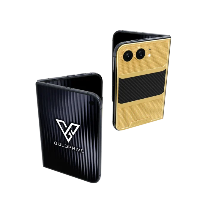 CarbonFiber Victory gold iPhone Duo with a gold camera surround and a black carbon fibre band