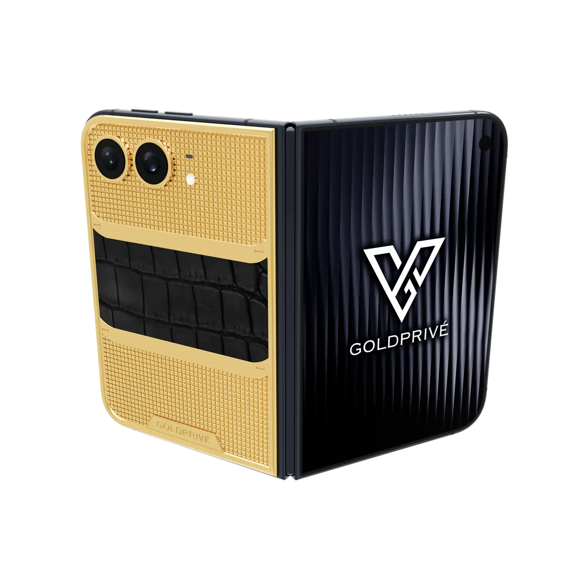 WildGrace Victory Gold iPhone Duo foldable phone with leather inlay design
