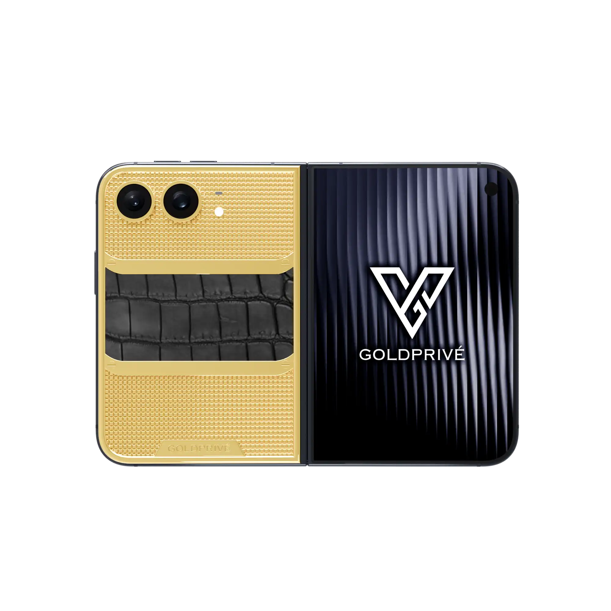 WildGrace Victory Gold iPhone Duo opened flat with a crocodile leather band between textured gold sections