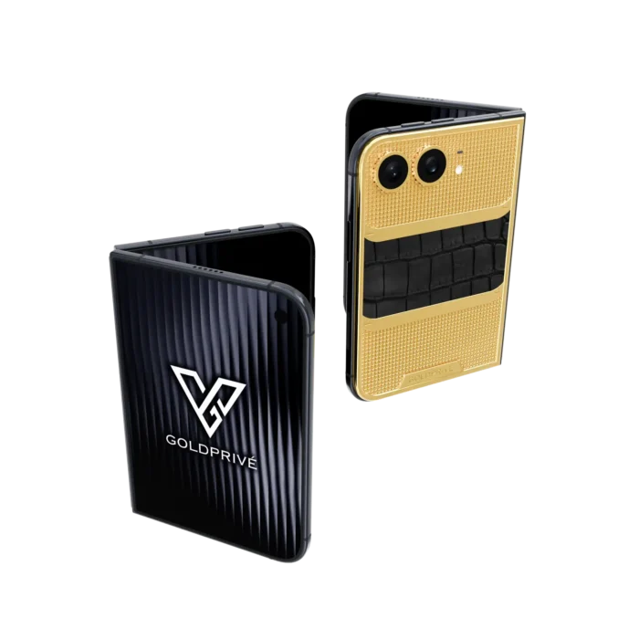 WildGrace Victory gold iPhone Duo with a black crocodile-leather band on a patterned gold back plate