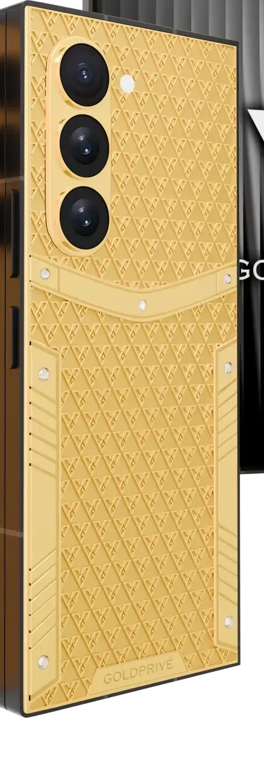 Artisan Gold Galaxy Z Fold8 Ultra close-up of the 24K Gold quilted lattice, side rails and camera surround