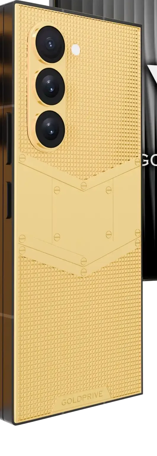 Pyramid Gold Galaxy Z Fold8 Ultra close-up of the 24K Gold pyramid texture, smooth chevron band and camera surround