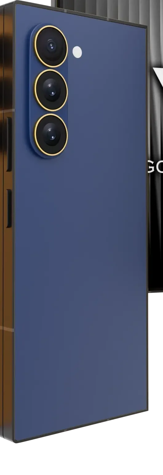 Blue Shadow Galaxy Z Fold8 Ultra Gold Accents close-up of the navy back with 24K Gold rings framing the camera lenses