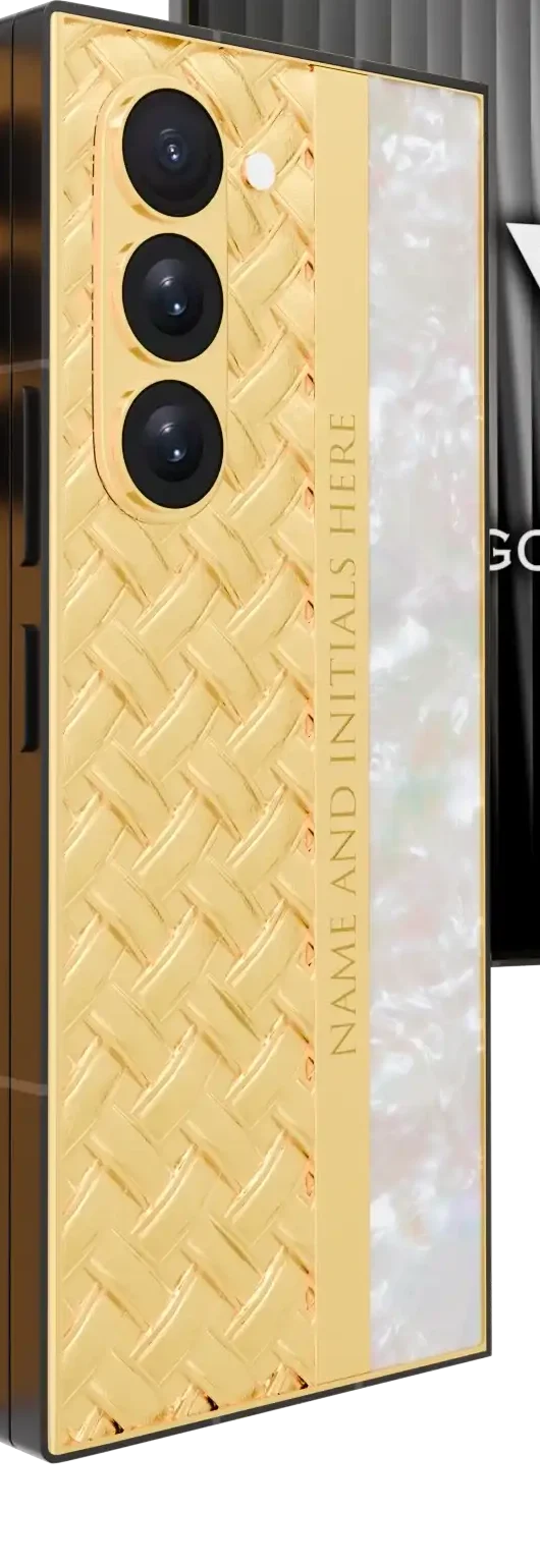 Knots & Pearl Gold Galaxy Z Fold8 Ultra in 24K Gold, cropped to the woven metal, engraving divider and mother of pearl