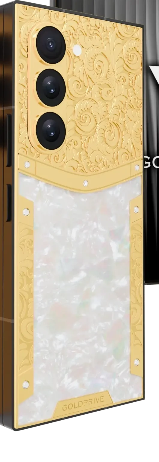 Royale Pearl Gold Galaxy Z Fold8 Ultra in 24K Gold, cropped close to show the scroll engraving and the mother of pearl