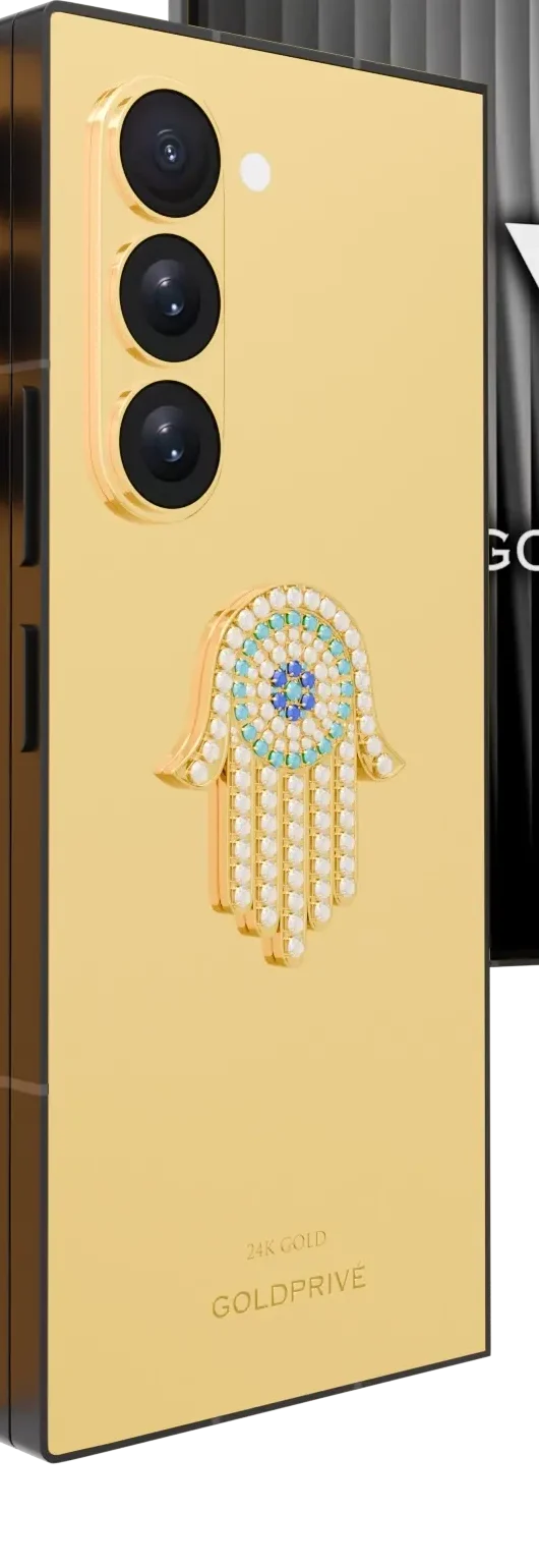 Hamsa Eye Amulet Galaxy Z Fold8 Ultra close-up of white simulated diamonds along the hamsa fingers and the turquoise eye, on a 24K Gold back
