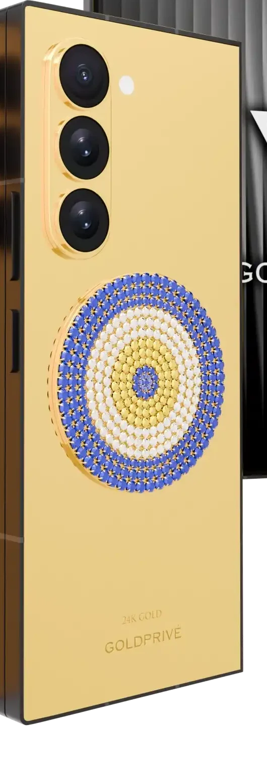 LuxEvil Charm Galaxy Z Fold8 Ultra close-up of concentric blue, white and golden simulated diamonds on a polished 24K Gold back