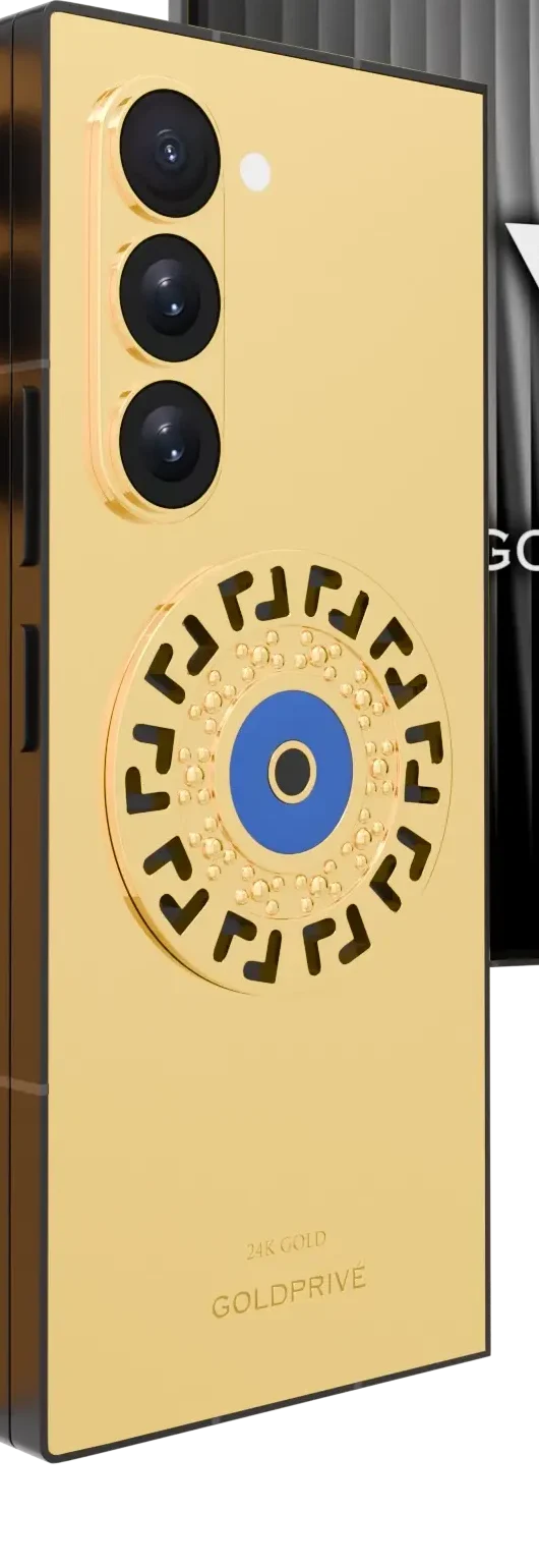 Meandros Blessing Eye Galaxy Z Fold8 Ultra close-up of black Greek key segments, textured gold and a blue eye on the polished 24K Gold back