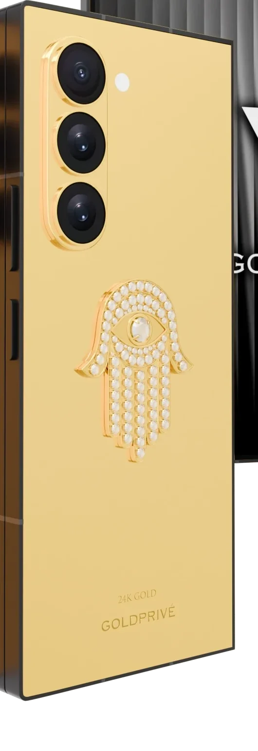 Seraphic Hamsa Galaxy Z Fold8 Ultra close-up of the white simulated diamond hamsa and its larger eye stone on a 24K Gold back