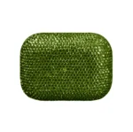 Swarovski AirPods Pro 3 Chrysolite with the lid shut, olive yellow-green crystals set across the whole face of the case