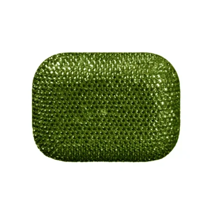 Swarovski AirPods Pro 3 Chrysolite with the lid shut, olive yellow-green crystals set across the whole face of the case