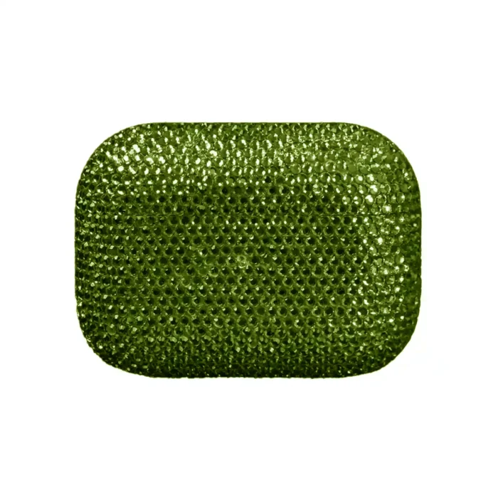 Swarovski AirPods Pro 3 Chrysolite with the lid shut, olive yellow-green crystals set across the whole face of the case