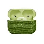 Swarovski AirPods Pro 3 Chrysolite case open, light olive-green crystals around pale green earbuds and a matching pale green case interior