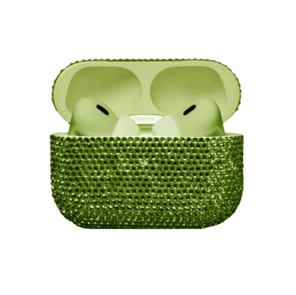 Swarovski AirPods Pro 3 Chrysolite case open, light olive-green crystals around pale green earbuds and a matching pale green case interior