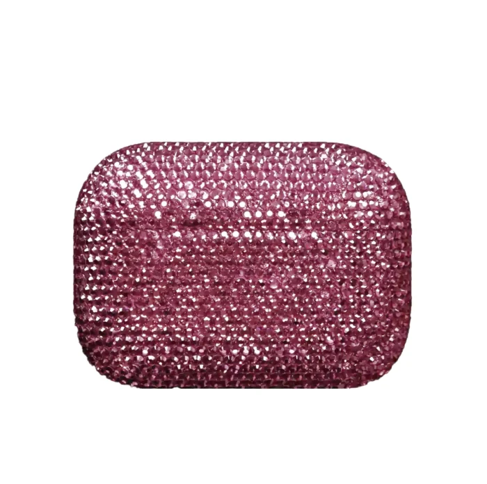 Swarovski AirPods Pro 3 Rose closed, rose-pink crystals sparkling over the full face of the charging case