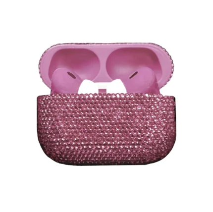 Swarovski AirPods Pro 3 Rose with the lid open, rose-pink crystals around soft rose-pink earbuds, white ear tips and a matching pink case interior