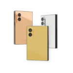 Gold Plated Galaxy Z Fold8 Elite backs in Rose Gold, 24K Gold and Platinum, each with a polished two-lens camera island
