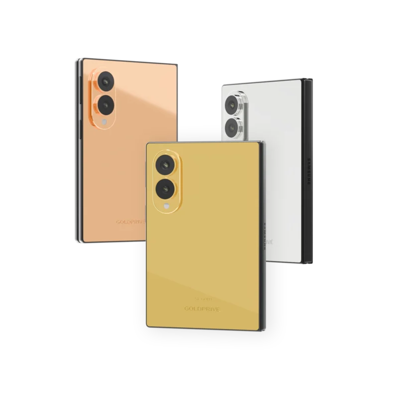 Gold Plated Galaxy Z Fold8 Elite backs in Rose Gold, 24K Gold and Platinum, each with a polished two-lens camera island