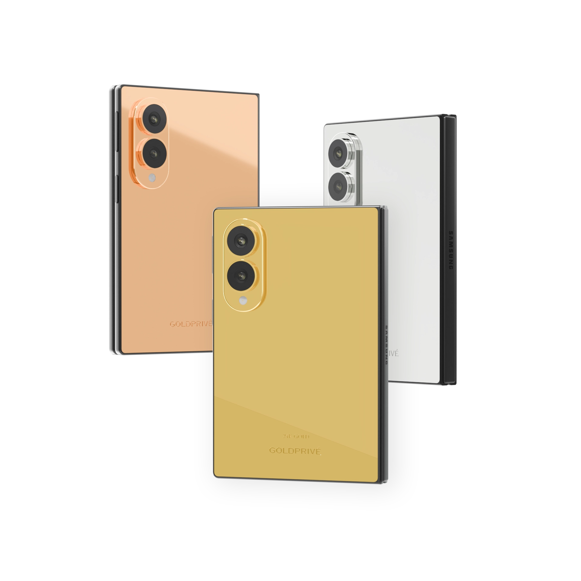 Gold Plated Galaxy Z Fold8 Elite backs in Rose Gold, 24K Gold and Platinum, each with a polished two-lens camera island