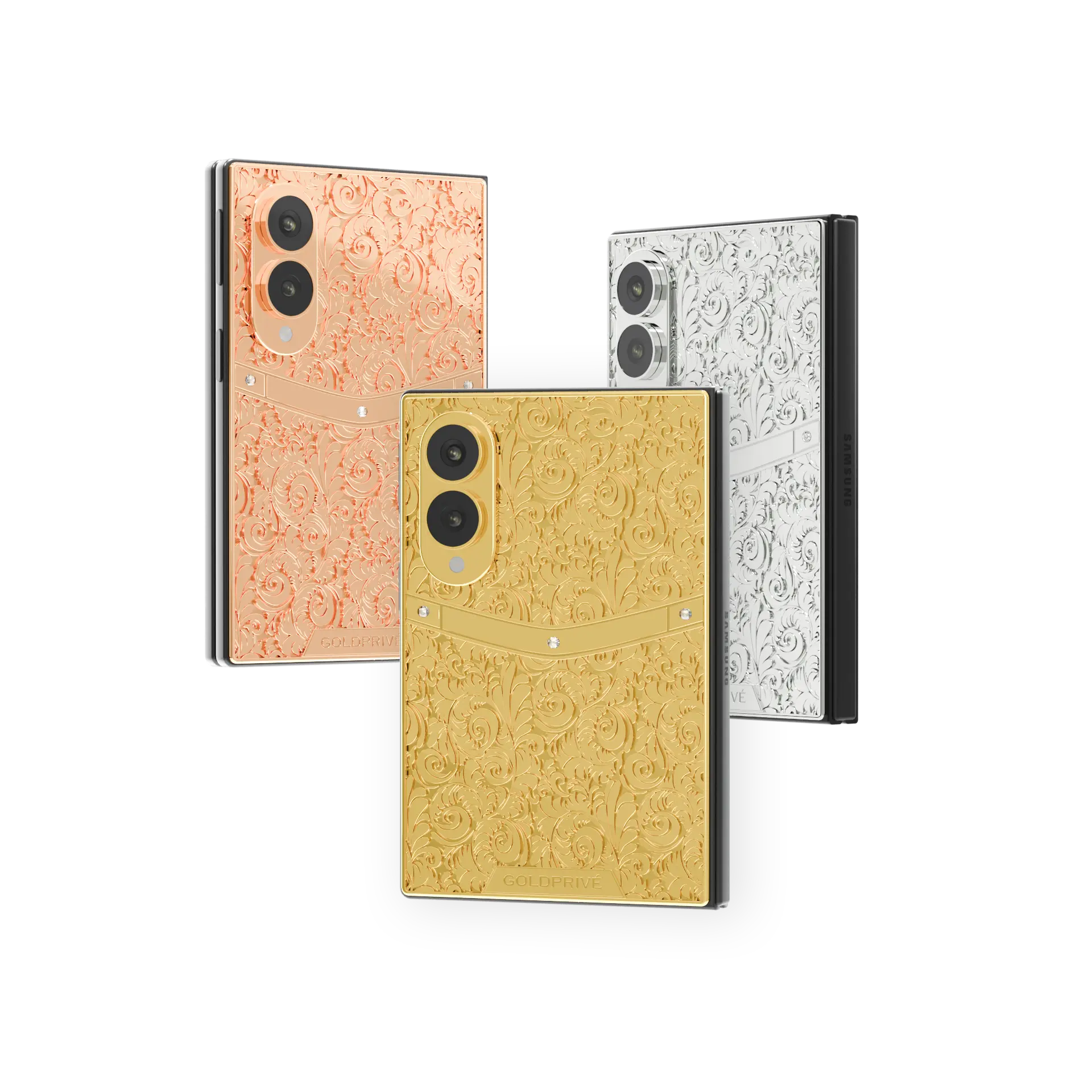 Flora Gold Galaxy Z Fold8 in Rose Gold, 24K Gold and Platinum, its back covered in raised roses