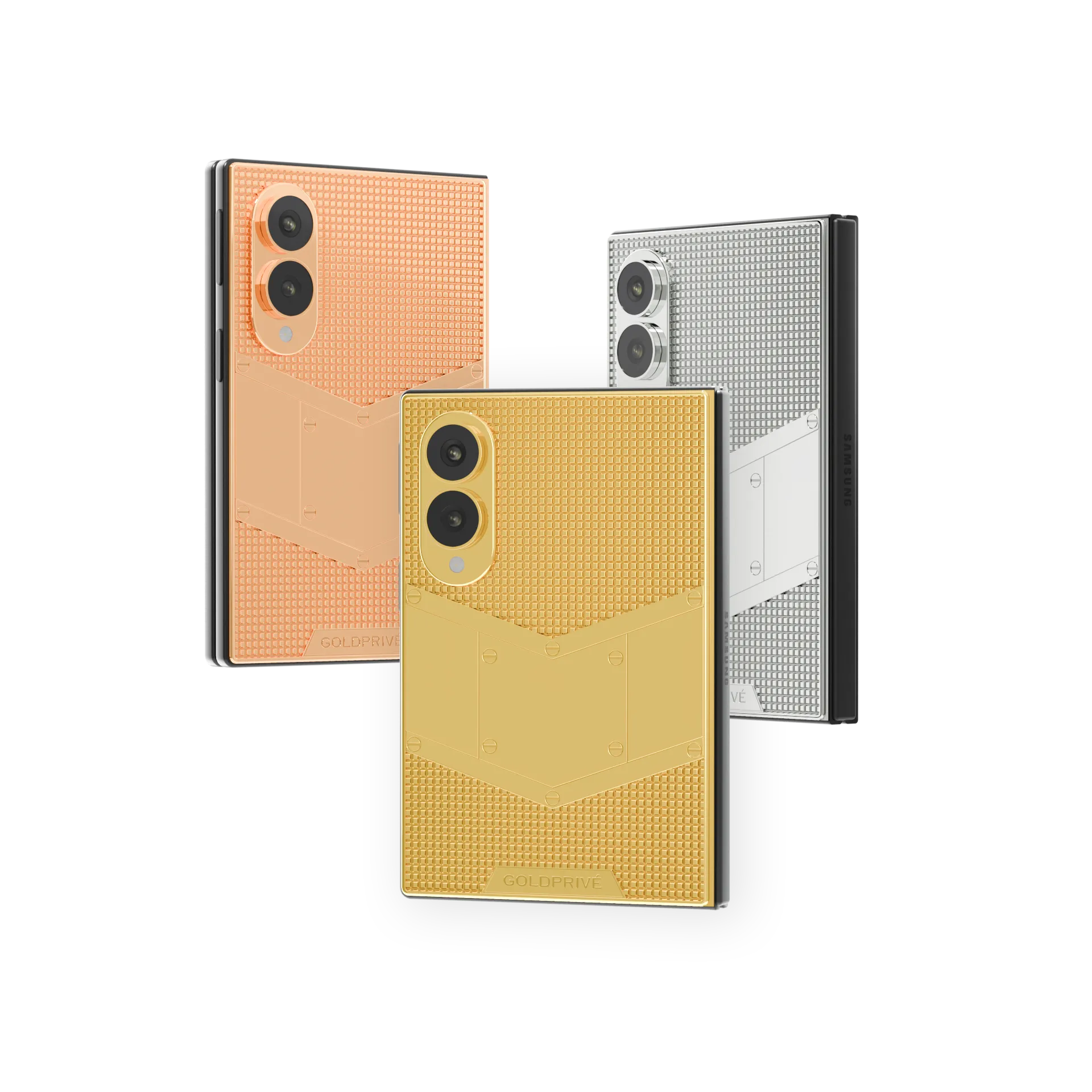 Pyramid Gold Galaxy Z Fold8 backs in Rose Gold, 24K Gold and Platinum with a hobnail texture and a smooth chevron plate