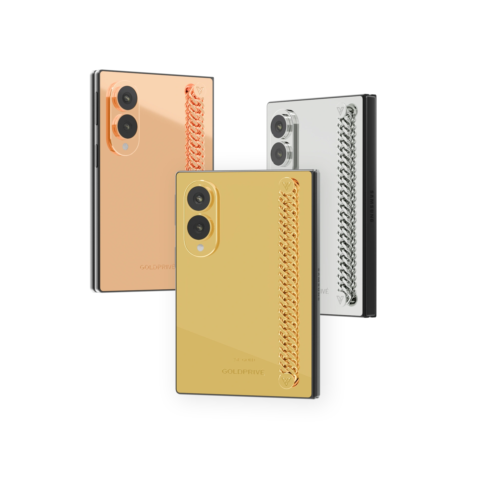 Prestige Link Gold Galaxy Z Fold8 backs in Rose Gold, 24K Gold and Platinum with a curb chain along the right edge