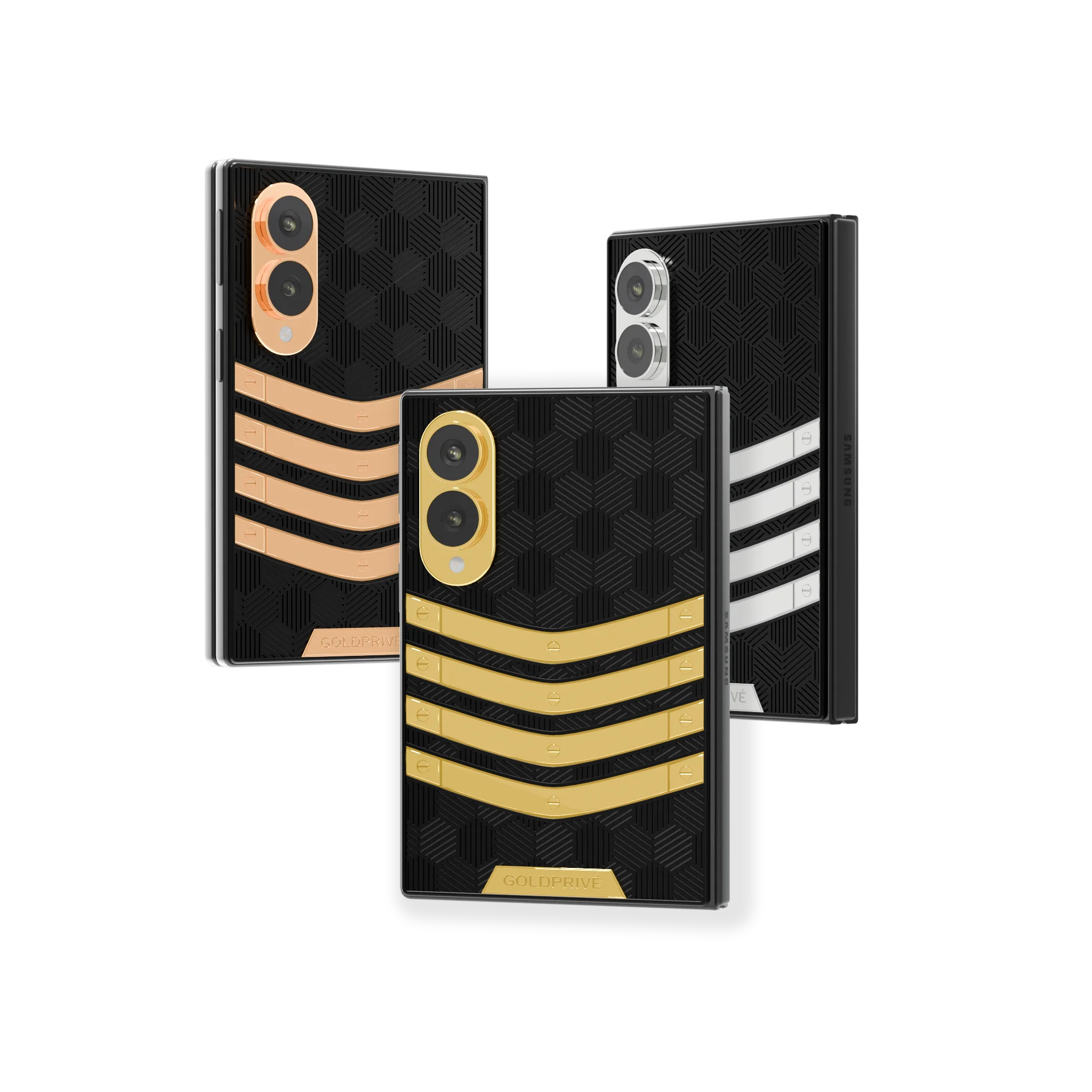Nucleus 3.0 Gold Galaxy Z Fold8 in 24K Gold, Rose Gold and Platinum, four chevron bars on black hexagon-relief backs