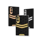 Nucleus 2.0 Gold Galaxy Z Fold8 shown in Rose Gold, 24K Gold and Platinum, two curved bars on black hexagon panels