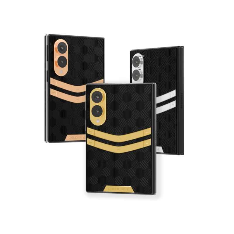 Nucleus 2.0 Gold Galaxy Z Fold8 with two curved bars on black hexagon panels in Rose Gold, 24K Gold and Platinum